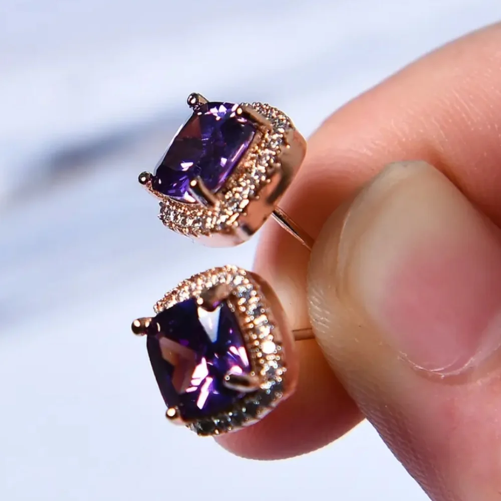 Purple Amethyst Halo Earrings - Picture 5 of 8